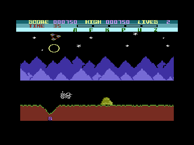 Moon Buggy (Commodore 16, Plus/4) screenshot: Jumping over a crater