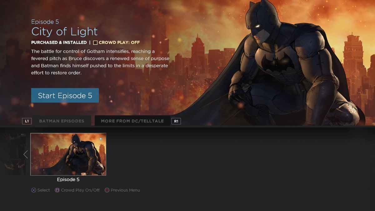 Batman: The Telltale Series - Season Finale (PlayStation 4) screenshot: Episode 5 select screen