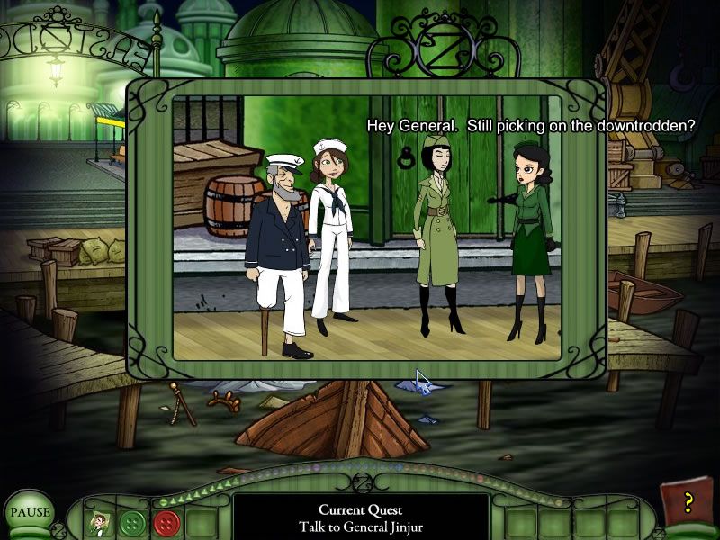 Emerald City Confidential (Windows) screenshot: The screen zooms in on conversations in a separate frame, making it easier to read the facial expressions.