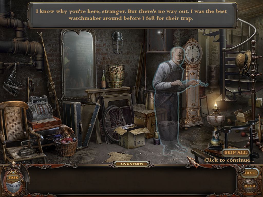 Haunted Manor: Lord of Mirrors (Macintosh) screenshot: Basement watchmaker ghost