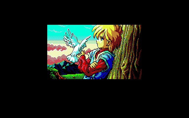Dragon Slayer: The Legend of Heroes (PC-88) screenshot: Lovely intro: the hero and the bird...