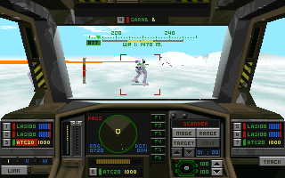 Metaltech: EarthSiege (DOS) screenshot: Cockpit view of your HERC - target in sight!