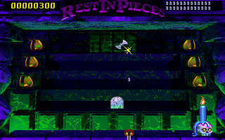 Mystic Midway: Rest in Pieces (DOS) screenshot: Gain points by shooting axes, maces and skulls