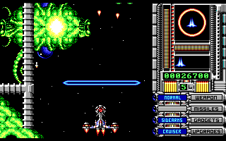OverKill (DOS) screenshot: Fighter ship, decked out with ring laser!