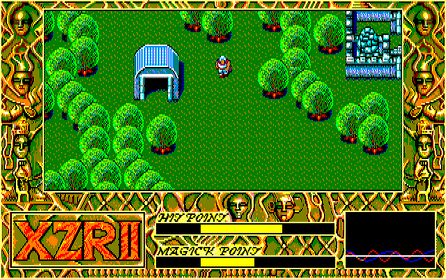 Exile (PC-88) screenshot: The scenery changes drastically...