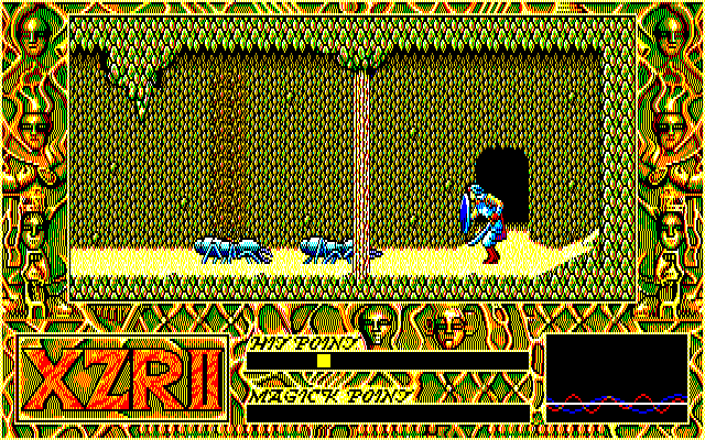 Exile (PC-88) screenshot: Underground cave. Fighting spiders