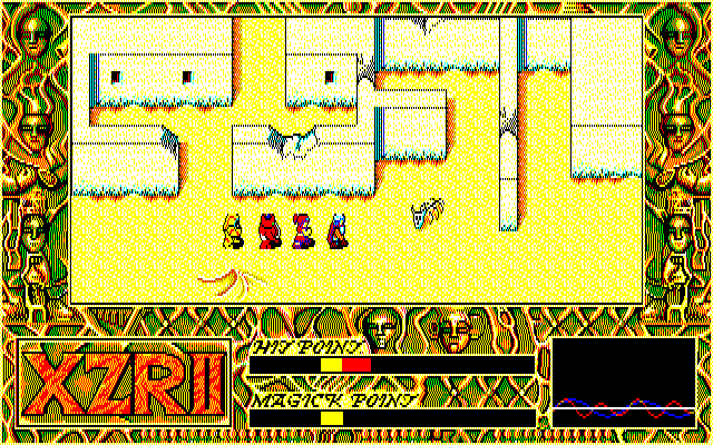 Exile (PC-88) screenshot: Entrance to Jerusalem. The city does look much better now, under Israeli rule :)