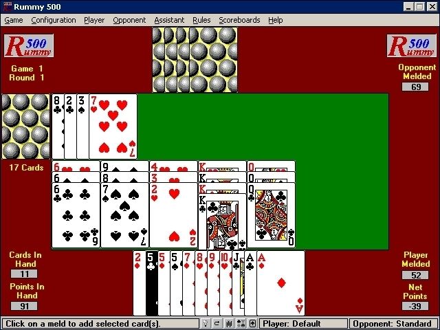 Rummy 500 (Windows 3.x) screenshot: A game in progress. Left click selects cards from the hand and puts them onto the table, right click discards and ends a turn