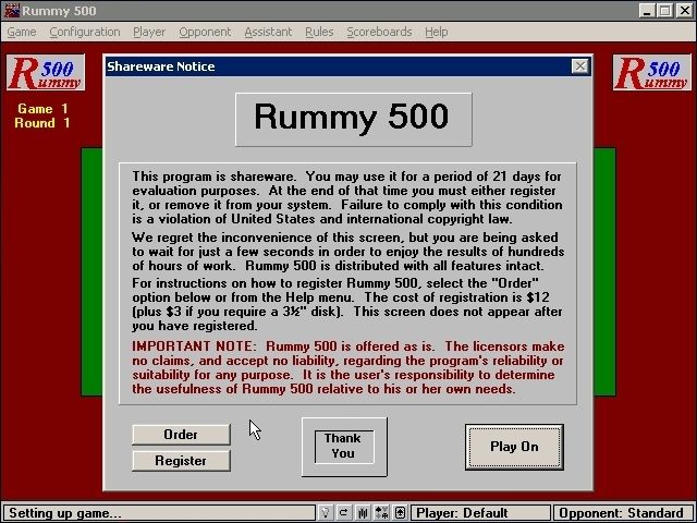 Rummy 500 (Windows 3.x) screenshot: The first time the game starts it displays this shareware reminder screen. The same nag screen is displayed for five seconds between rounds<br><br>Shareware Version 4.2