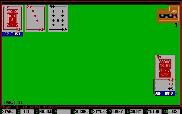 Edward O. Thorp's Real Blackjack (DOS) screenshot: The dealer busted - we won