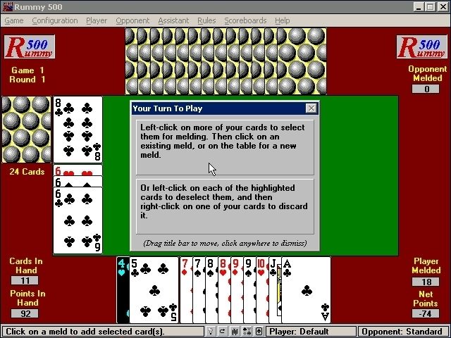 Rummy 500 (Windows 3.x) screenshot: Another helpful hint that appears at the start of the first game