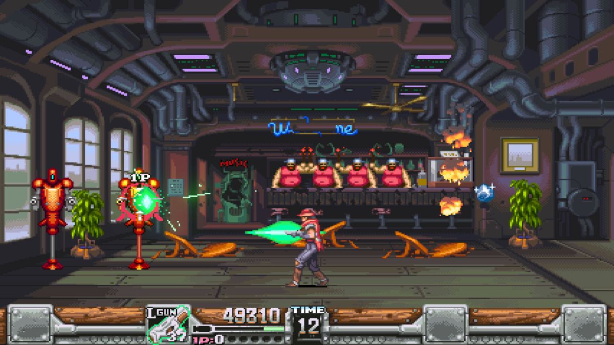 Wild Guns: Reloaded (Windows) screenshot: Robots and bartenders in the saloon