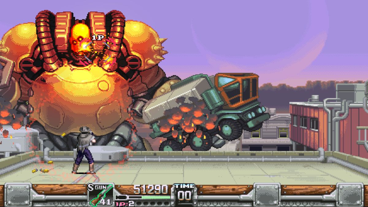 Wild Guns: Reloaded (Windows) screenshot: The final boss of the first stage is fought on a rooftop.
