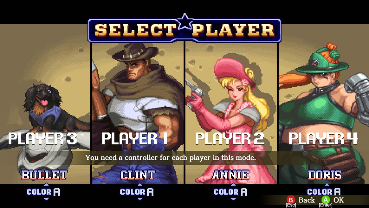 Wild Guns: Reloaded (Windows) screenshot: Character selection screen (multiplayer mode)