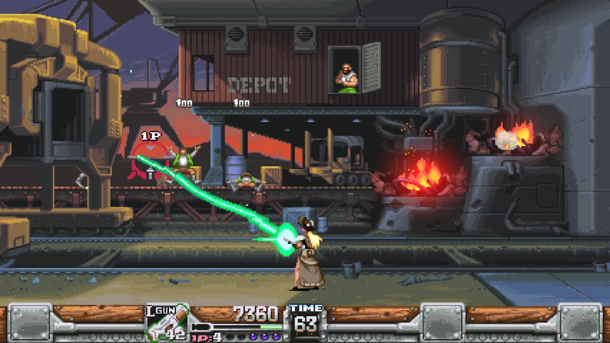 Wild Guns: Reloaded (Windows) screenshot: Annie fires the L Gun with a green laser.