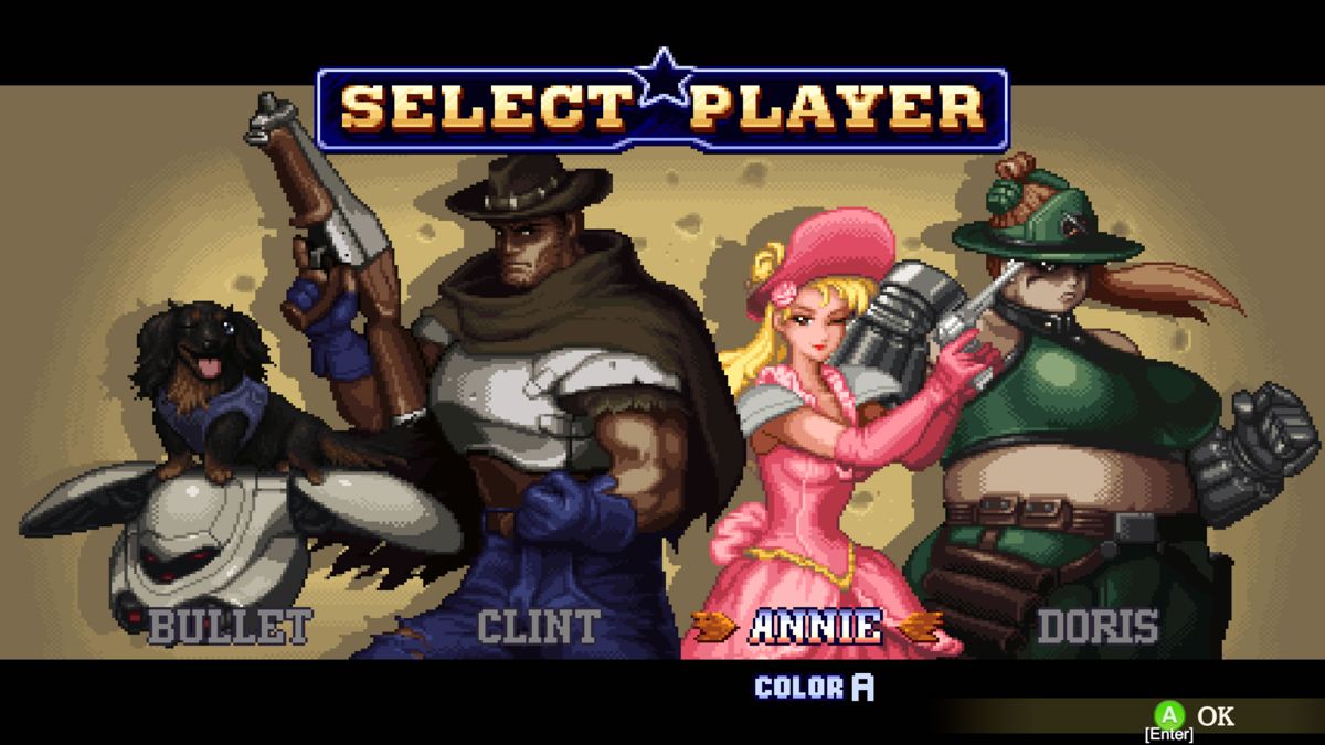 Wild Guns: Reloaded (Windows) screenshot: Character selection screen in the single-player mode
