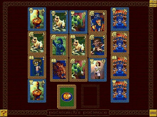 Simon the Sorcerer's Puzzle Pack (Windows) screenshot: Coffee Break Quickies : Patriarch's Patience Surprisingly difficult with these odd cards. the object is to build ascending stacks on the left and descending stacks on the right