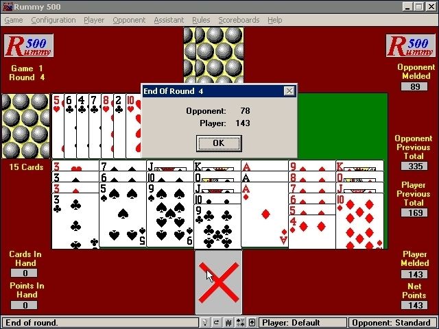 Rummy 500 (Windows 3.x) screenshot: End of a round. This screen is followed by the shareware nag screen which is displayed for five seconds