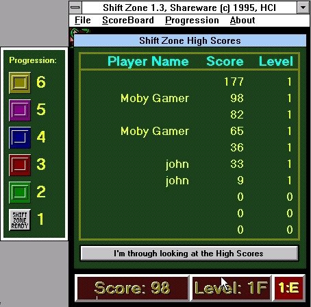 Shift Zone (Windows 3.x) screenshot: The high score table