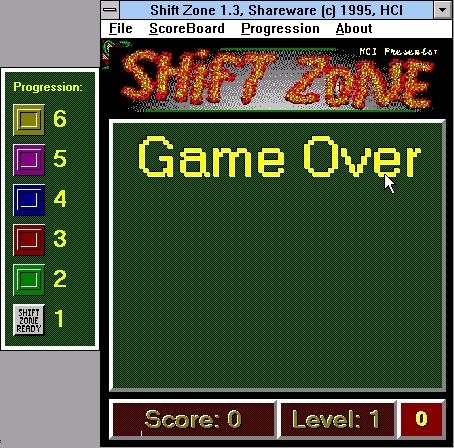 Shift Zone (Windows 3.x) screenshot: the game starts with a 'Game Over' screen<br>The main window can be moved about, the smaller 'Progression' window cannot