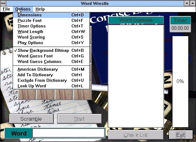 Word Wrestle (Windows 3.x) screenshot: The game's configuration options<br>This shows the game playing in a window but it can play in full screen mode too