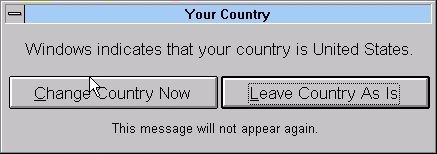 Word Wrestle (Windows 3.x) screenshot: The first time the game is played the player is asked for their country. This presumably is used to determine which word spellings are allowed