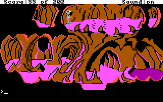 Space Quest: Chapter I - The Sarien Encounter (DOS) screenshot: Underground tunnel. Watch out for acid drops! (EGA/Tandy)