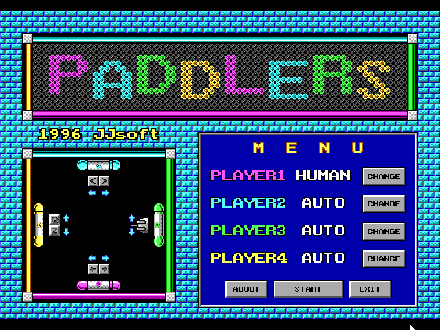 Paddlers (DOS) screenshot: Main menu screen.