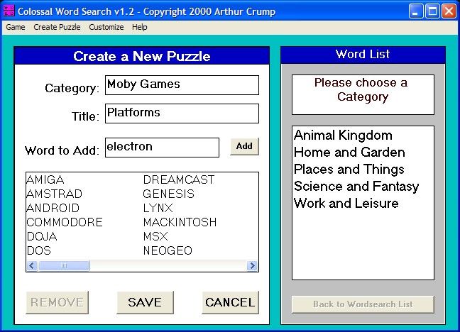 Colossal Word Search (Windows) screenshot: In the registered version players can create their own categories and word lists.