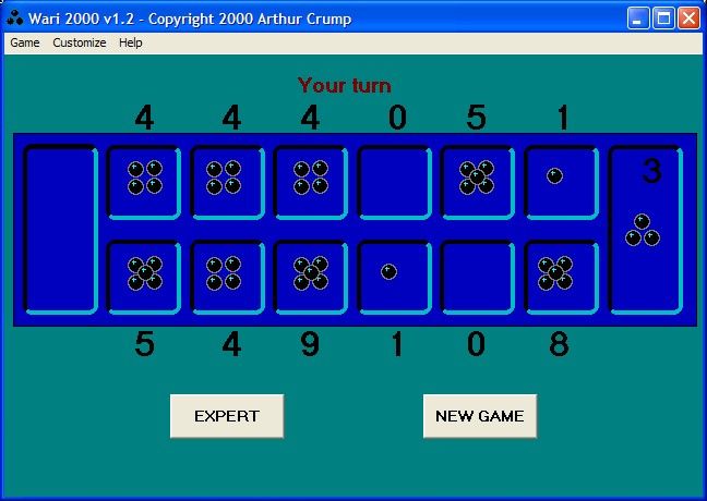 Swift Classics Board Games (Windows) screenshot: Wari 2000 : Another stones in the pit strategy game