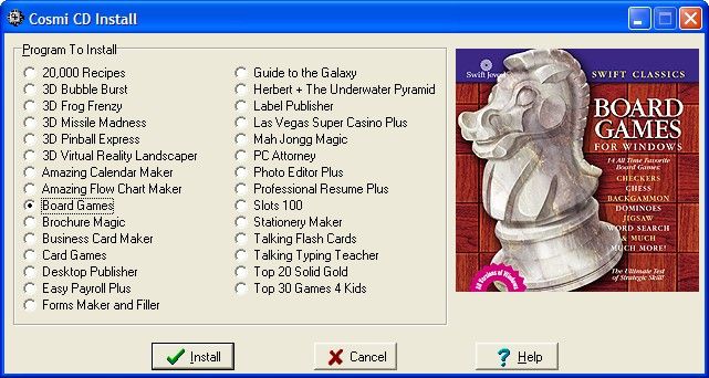 Swift Classics Board Games (Windows) screenshot: The game's install screen. All the other games / utilities are held on this CD too but each needs a unique password from the documentation to install