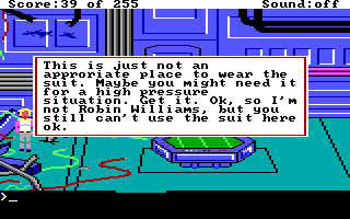 Space Quest: The Lost Chapter (DOS) screenshot: I have the feeling the author tried a bit too hard to imitate Sierra's nonchalant humor