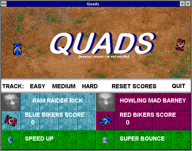 Klik & Play (Windows 16-bit) screenshot: Quads - 2 player game involving knocking your opponent down into a hole