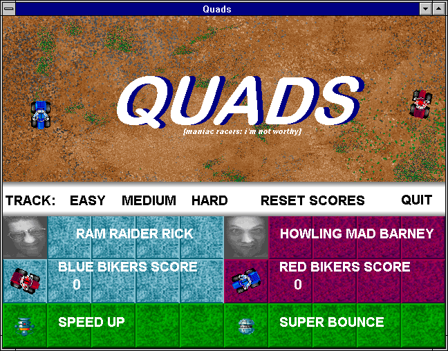 Klik & Play (Windows 3.x) screenshot: Quads - 2 player game involving knocking your opponent down into a hole