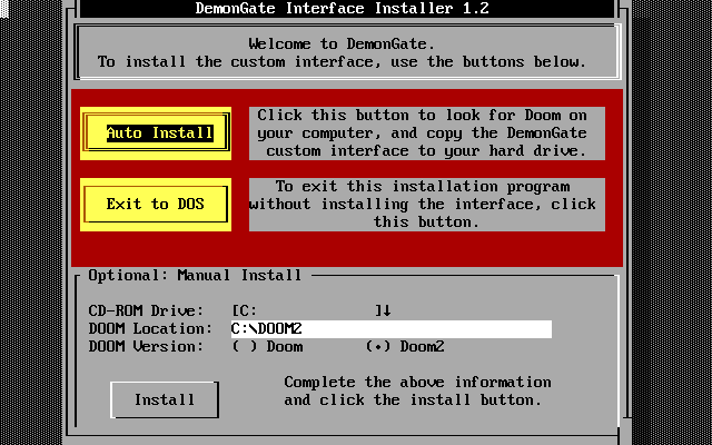 Demon Gate: 666 New Levels for Doom & Doom II (DOS) screenshot: Installation