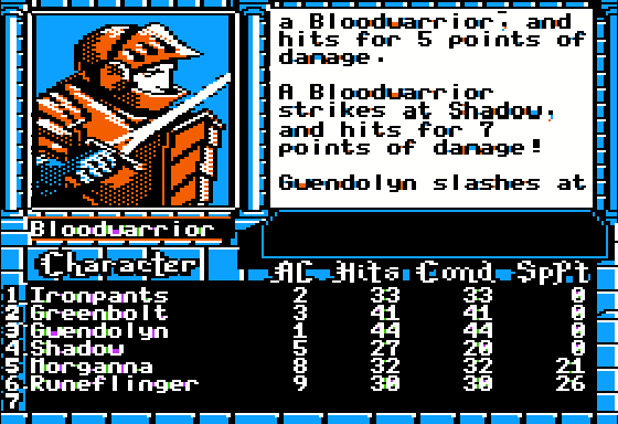 The Bard's Tale III: Thief of Fate (Apple II) screenshot: The first fight against a Bloodwarrior