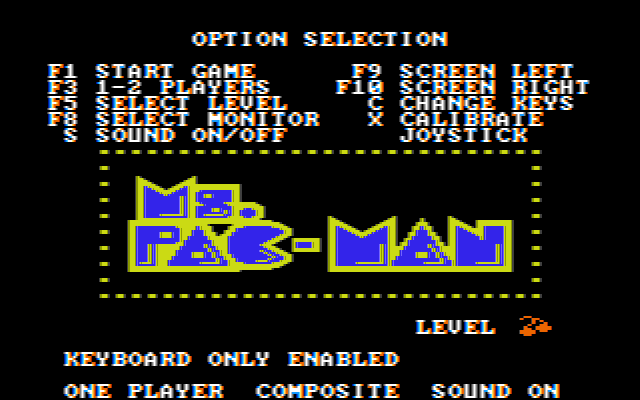 Ms. Pac-Man (PC Booter) screenshot: Options screen (CGA w/Composite Monitor)