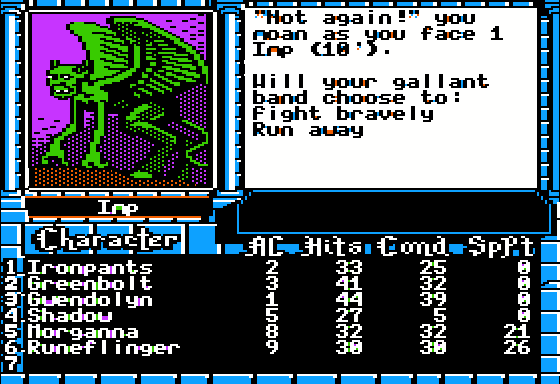 The Bard's Tale III: Thief of Fate (Apple II) screenshot: "Not again!". One Imp.