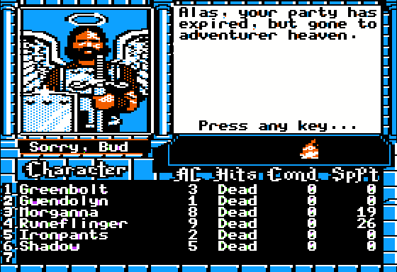 The Bard's Tale III: Thief of Fate (Apple II) screenshot: Sorry bud. Your party has expired.