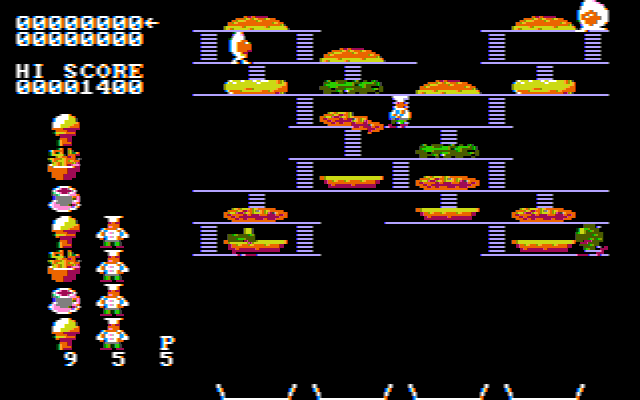 BurgerTime (PC Booter) screenshot: Level 9 (CGA w/Composite Monitor)