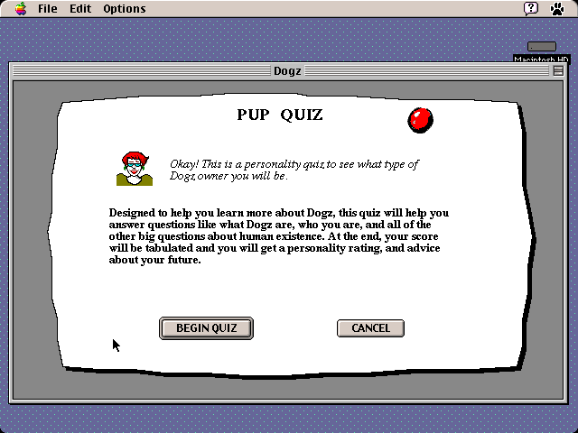 Dogz: Your Computer Pet (Macintosh) screenshot: The "Pup Quiz" allows the player to answer questions about adopting a dog based on their preferences.