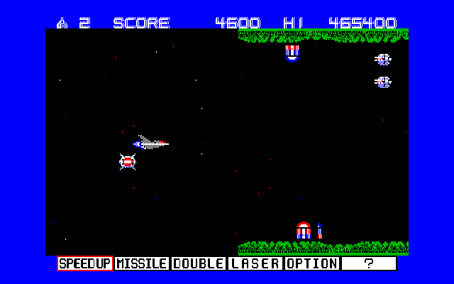 Gradius (PC-88) screenshot: Entering a cave; power-up is nearby