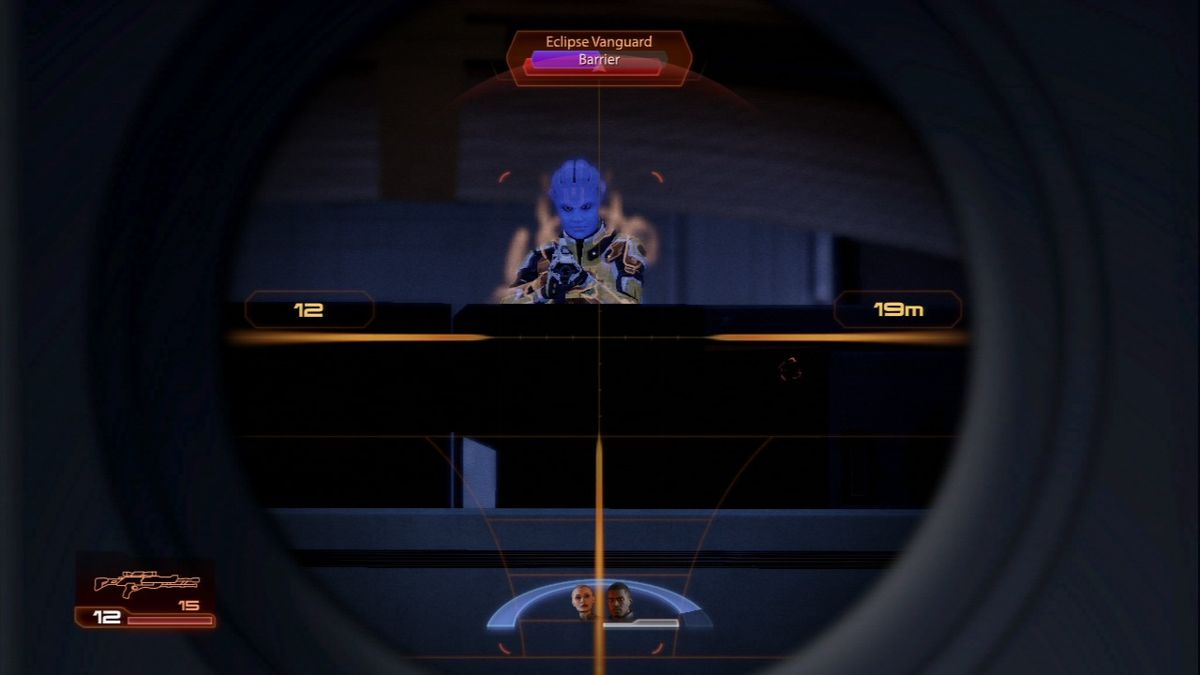 Mass Effect 2 (PlayStation 3) screenshot: Mass Effect 2 - Using sniper against a distant enemies in the cover.