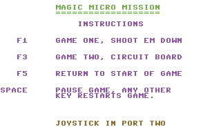 Magic Micro Mission (Commodore 64) screenshot: In-game instructions and main menu