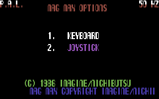 MagMax (Commodore 64) screenshot: Choose between keyboard and joystick to start the game
