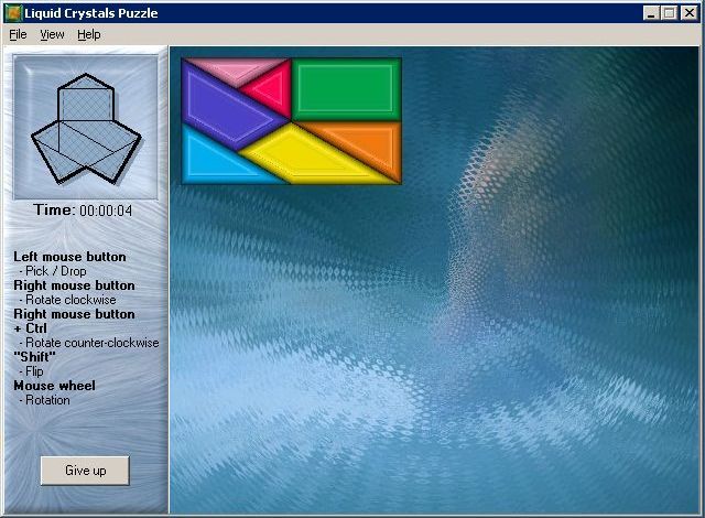 Liquid Crystals (Windows) screenshot: The demonstration puzzle is the only one that shows the tangram arrangement in the preview pane