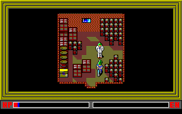 Shiryō Sensen 2 - War of the Dead Part 2 (PC-88) screenshot: Survivor, treasure chest, lots of boxes - life is great