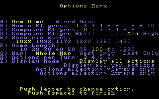 Medieval Lords: Soldier Kings of Europe (Commodore 64) screenshot: Options menu