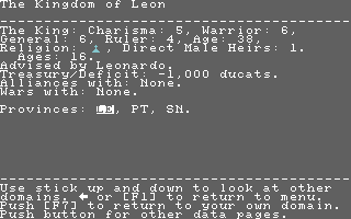 Medieval Lords: Soldier Kings of Europe (Commodore 64) screenshot: Information on the kingdom of Leon