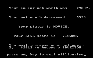 Millionaire: The Stock Market Simulation (DOS) screenshot: End-game summary